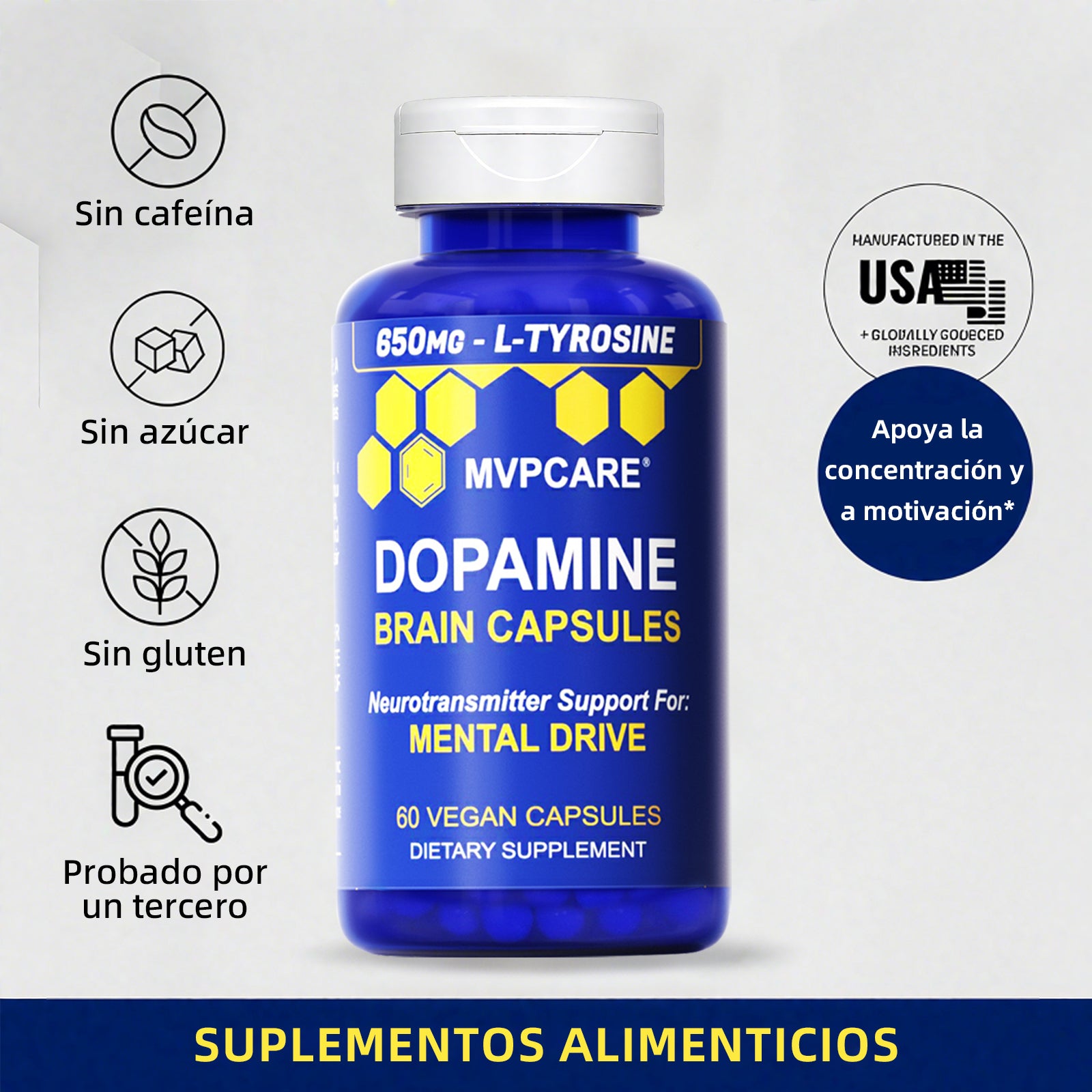 Mvpcare Dopamine Brain Power Cápsulas - suplemento de L-tirosina de 650 mg