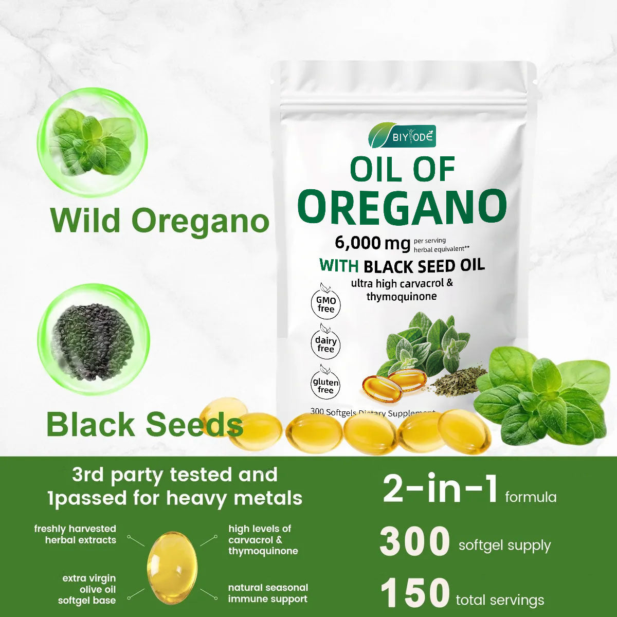 Cápsulas blandas de aceite de orégano，300 Cápsulas