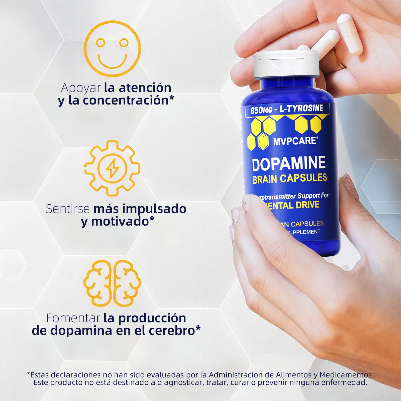 Mvpcare Dopamine Brain Power Cápsulas - suplemento de L-tirosina de 650 mg