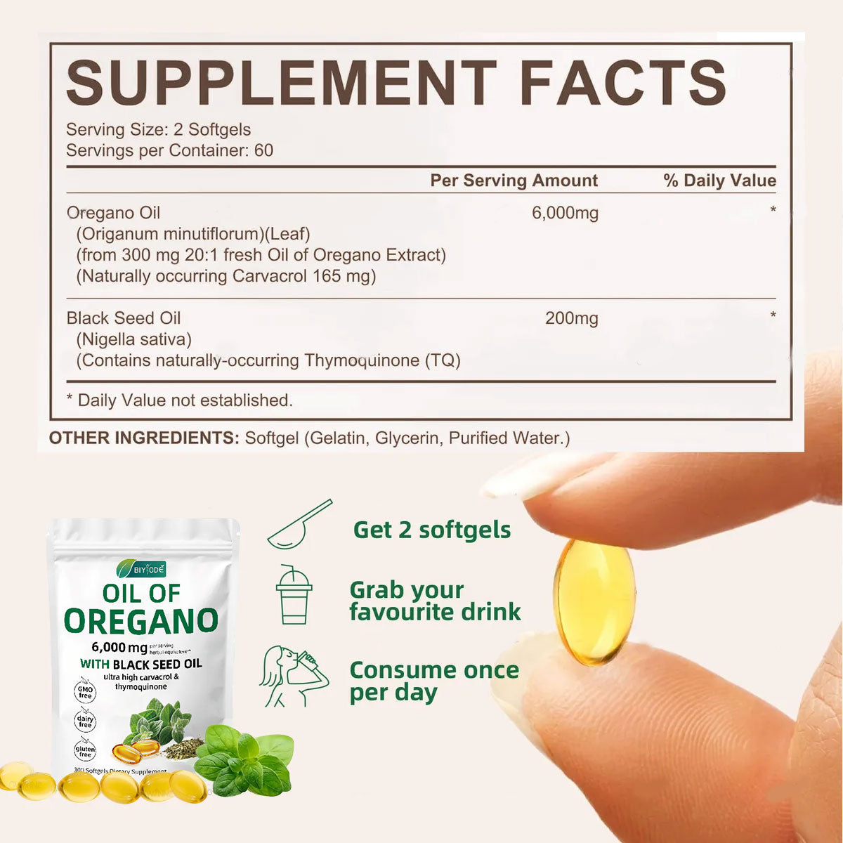 Cápsulas blandas de aceite de orégano，300 Cápsulas