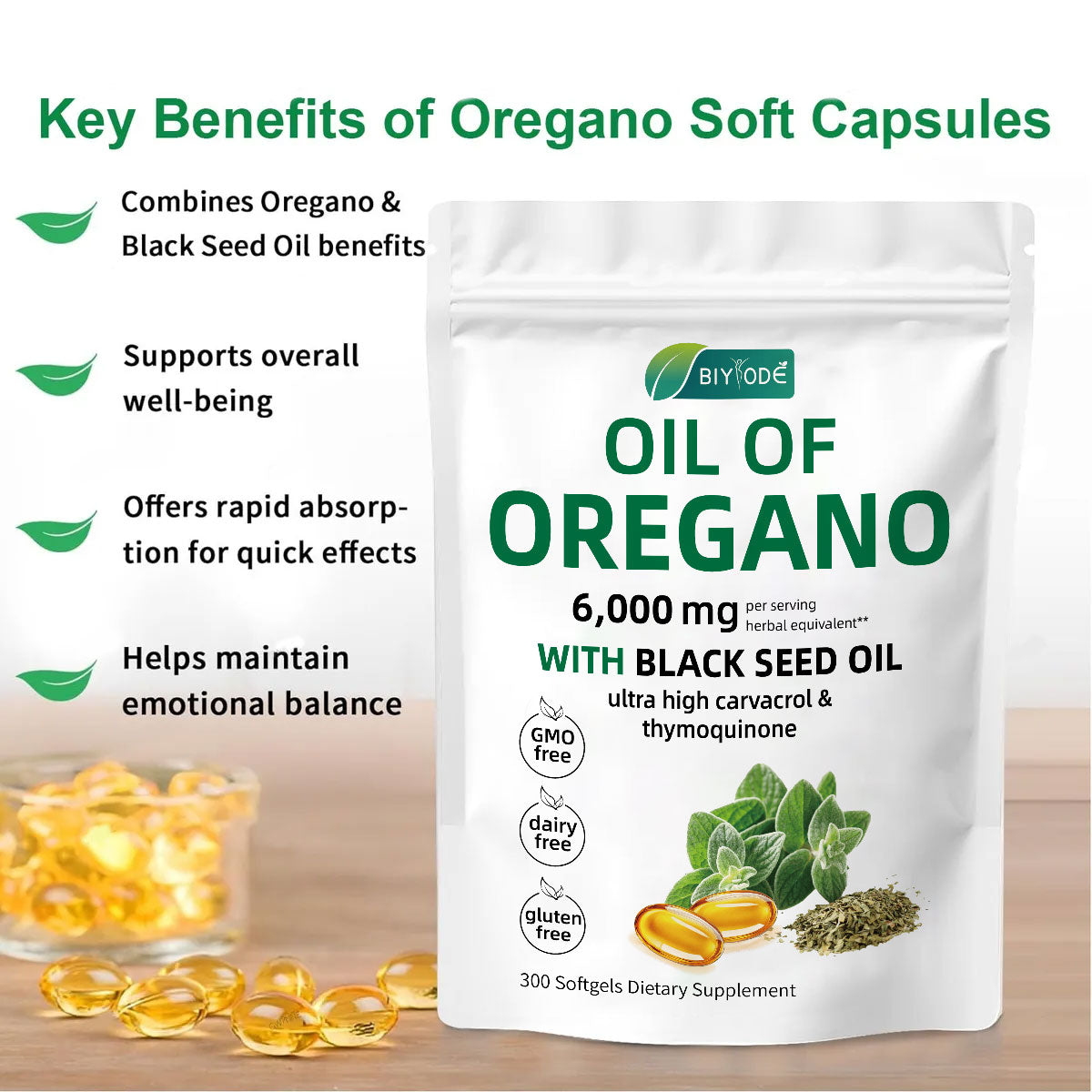 Cápsulas blandas de aceite de orégano，300 Cápsulas