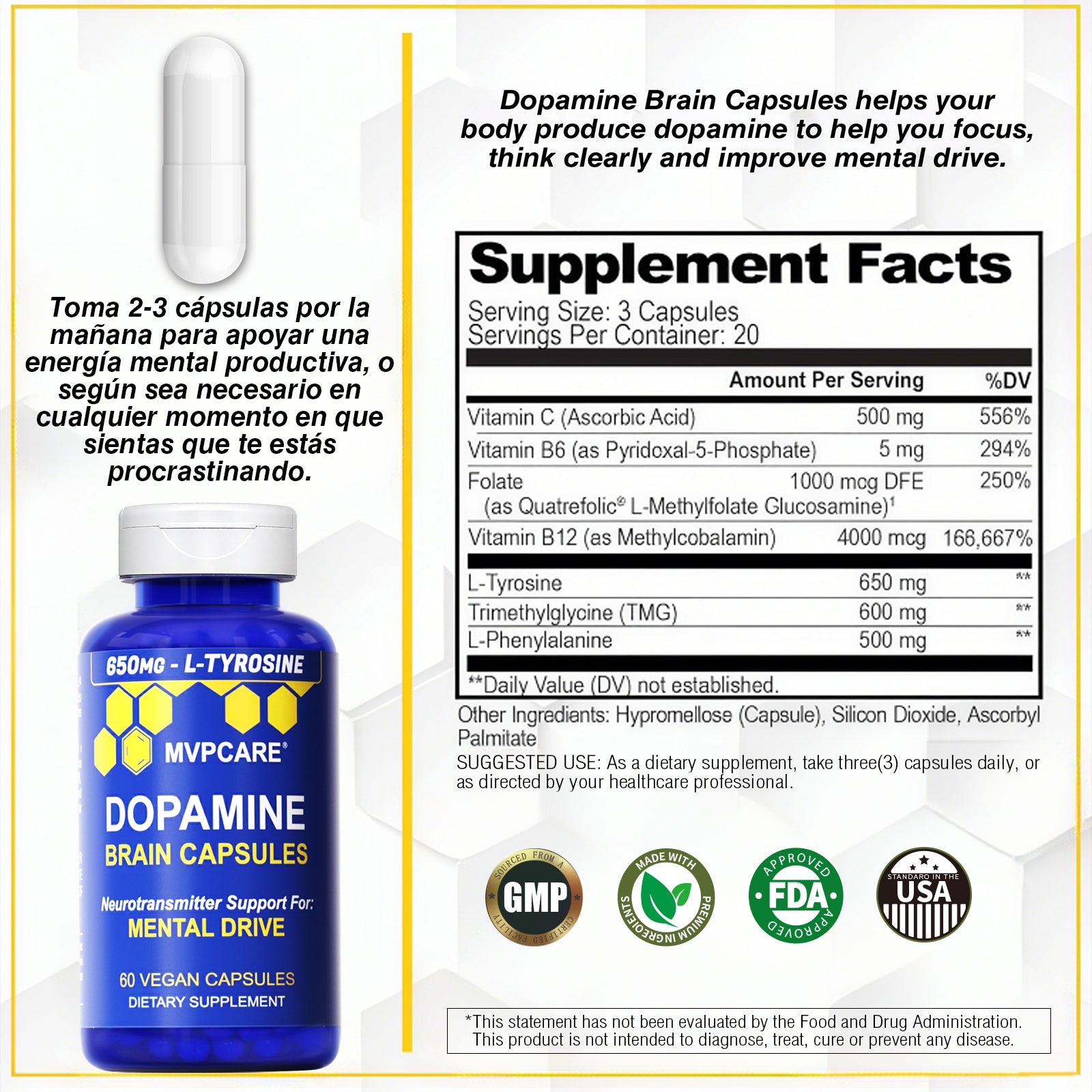 Mvpcare Dopamine Brain Power Cápsulas - suplemento de L-tirosina de 650 mg